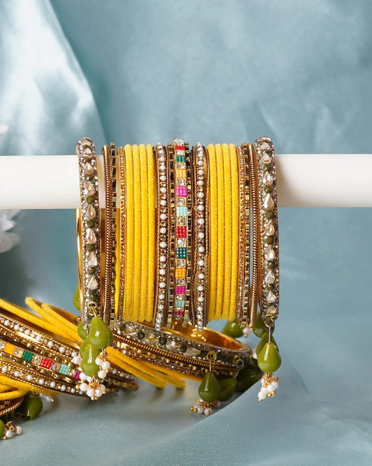 Yellow Multicolour Kundan Bridal Bangle Set with Green Beaded Jhumki