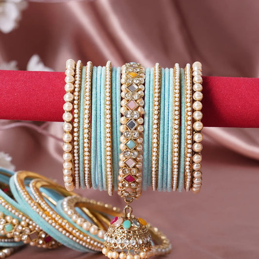 Aqua Blue Pearl & Kundan Bridal Bangles Set with Heavy Beaded Jhumki
