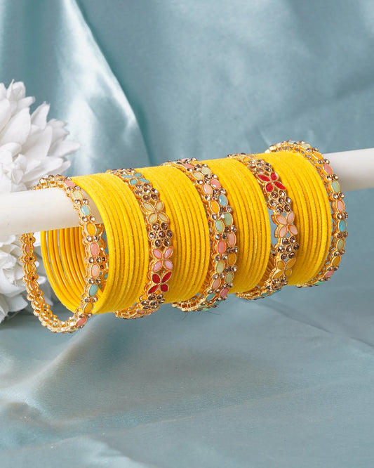 Yellow Silk Thread Floral Stone Bangles Set