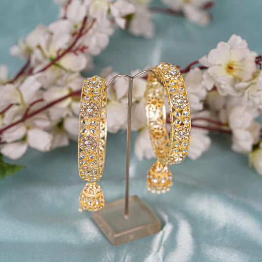 Floral Kundan Pearl Latkan Gold Finish Bangles