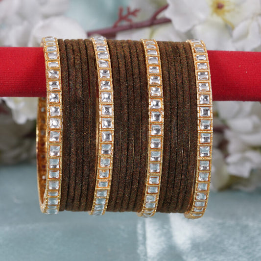 Chocolate Brown Velvet Finish Crystal Gold Bangles | Bella Bangles