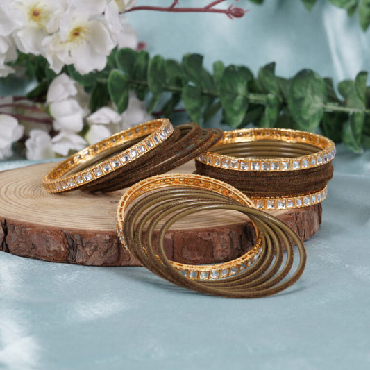 Chocolate Brown Velvet Finish Crystal Gold Bangles | Bella Bangles