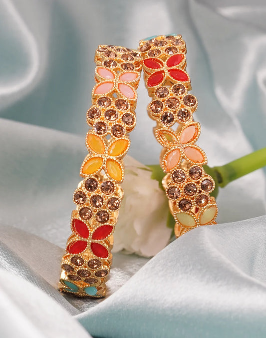 Gold Plated Flower Multicolored Beads LCT 2pc Bangles Set