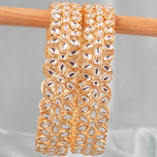 Gold Plated Floral Kundan 2pc Kada Bangle -Bellabangles