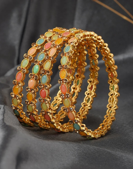 Set of 4 Gold Plated Bangles with Vibrant Stones -Bellabangles