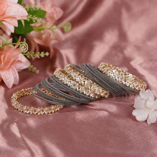 Smoky Grey Velvet Finish Kundan Diamond-Look Bangles