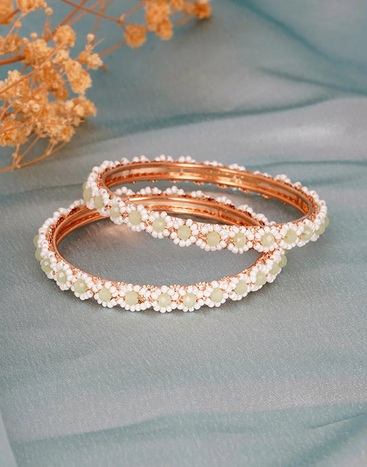 White Pearl Floral Beaded Kada Bangles – Elegant Handmade Pair