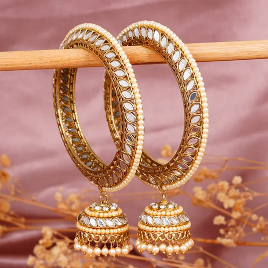Gold Kundan Pearl Bridal Kada Bangles with Jhumka Hangings – Set of 2