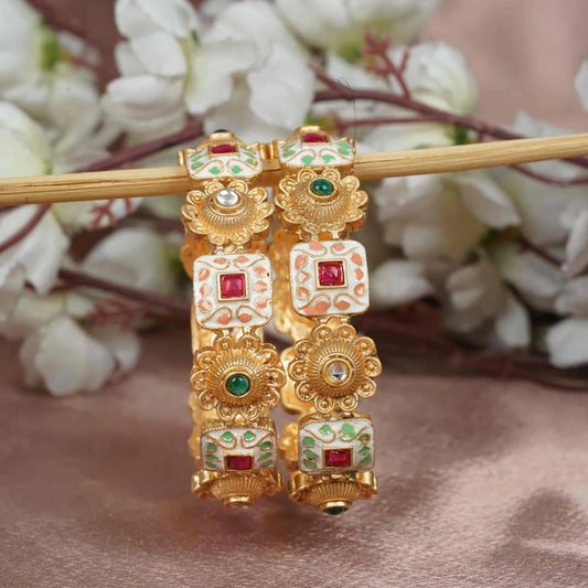Gold-Plated Multicolour Kundan Floral Enamel Bangle Set