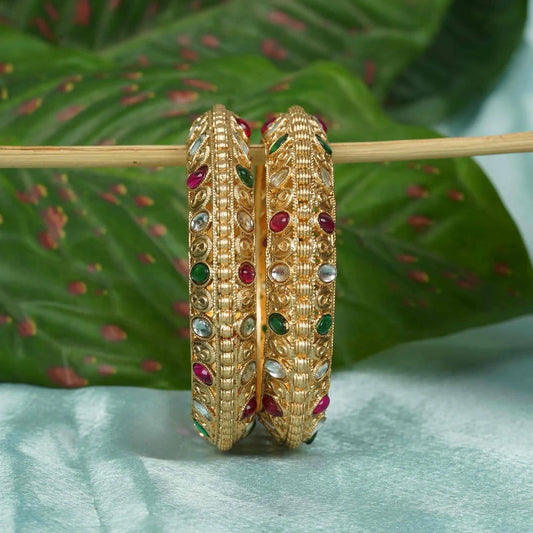 Gold Plated Kundan Red & Green Stone Bridal Bangles Set