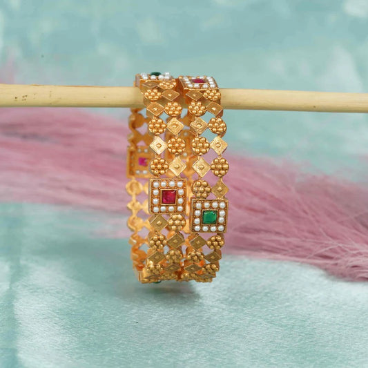 Gold-Plated Kundan Style Bridal Bangle Set with Pearl & Square Stones
