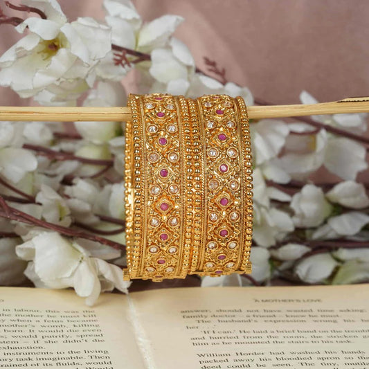 Gold-Plated Red & White Stone Floral Bangle Set for Women