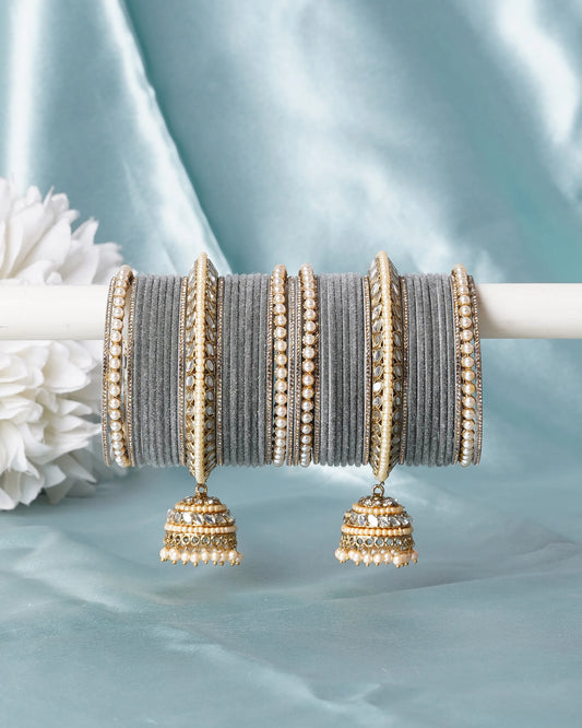 Grey Velvet Bridal Bangle Set with Pearl & Jhumka Detailing