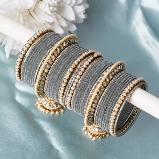 Grey Velvet Bridal Bangle Set with Pearl & Jhumka Detailing
