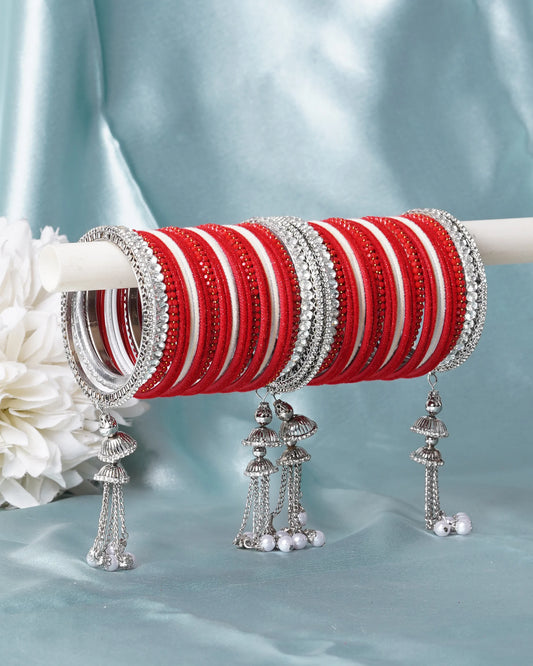 Red & White Bridal Bangle Set with Silver Stone Kada and Hanging Kaleere – Bella Bangles