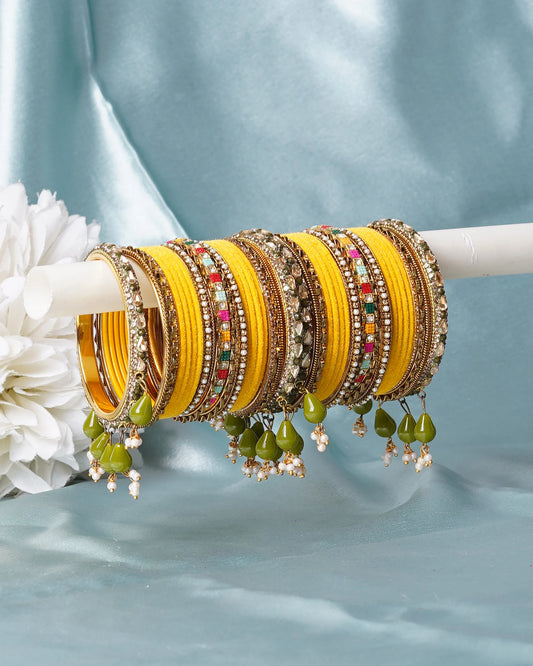 Yellow Multicolour Kundan Bridal Bangle Set with Green Beaded Jhumki
