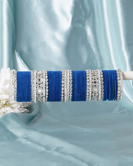 Royal Blue Thread Bridal Bangle Set with Silver Stone Work