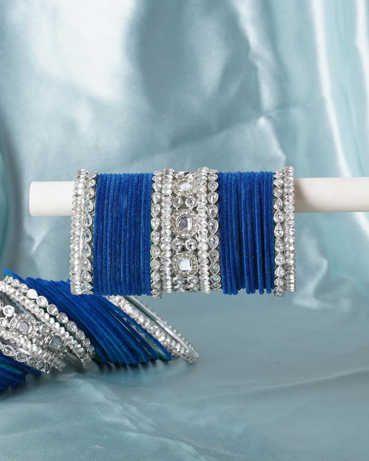 Royal Blue Thread Bridal Bangle Set with Silver Stone Work