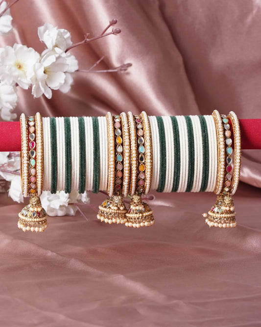 Green & Ivory Bridal Bangle Set with Multicolour Kundan and Jhumki