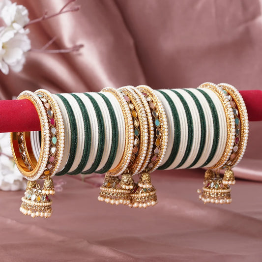 Green & Ivory Bridal Bangle Set with Multicolour Kundan and Jhumki