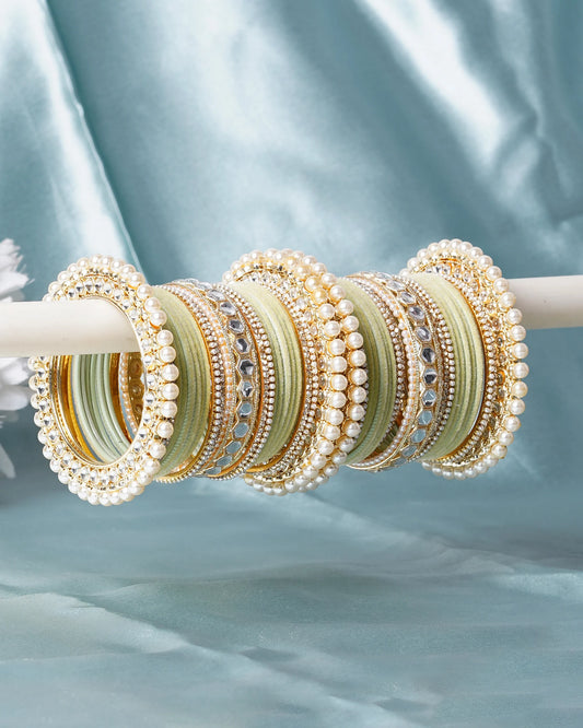 Pastel Green Pearl & Kundan Bridal Bangle Set