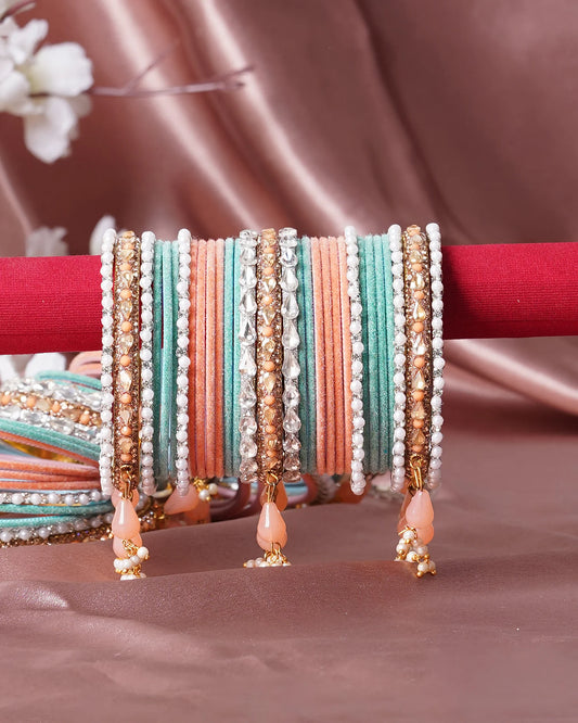 Peach & Aqua Silk Thread Bangle Set with Pearl & Bead Dangles