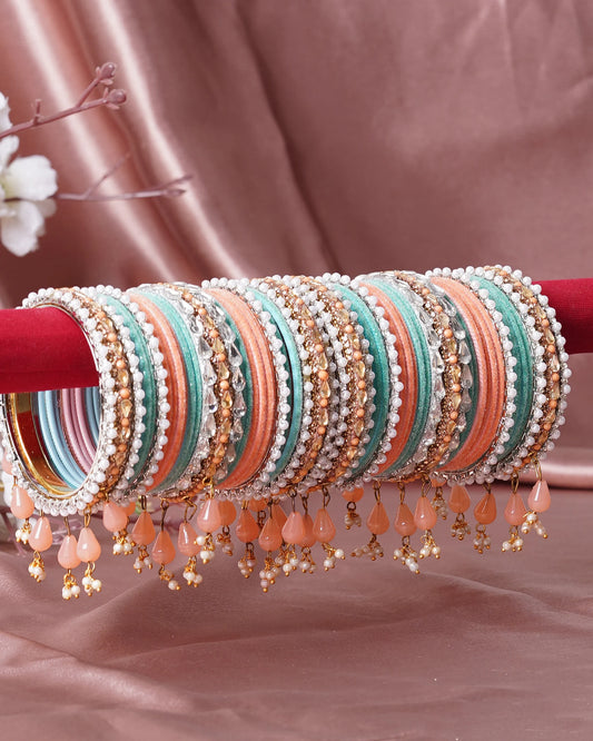 Peach & Aqua Silk Thread Bangle Set with Pearl & Bead Dangles