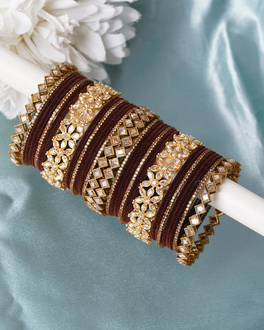 Maroon Velvet Stone-Studded Bangle Set with Premium Kundan Work