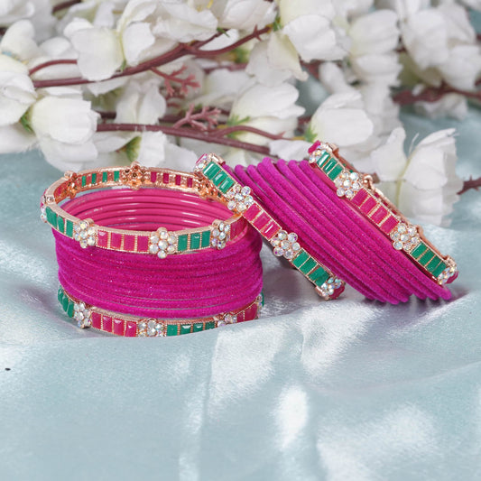 Rani Pink Velvet Finish Pearl & Green Stone Gold Bangle Set