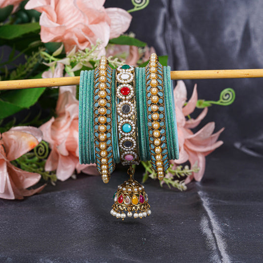 Turquoise Pearl Kundan Designer Bangle Set | Bella Bangles