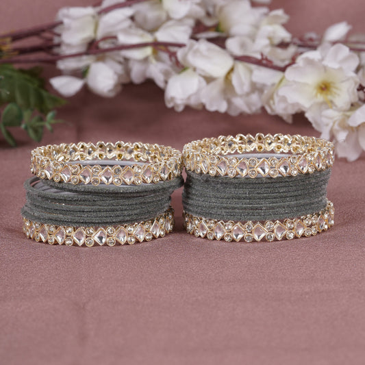 Smoky Grey Velvet Finish Kundan Diamond-Look Bangles