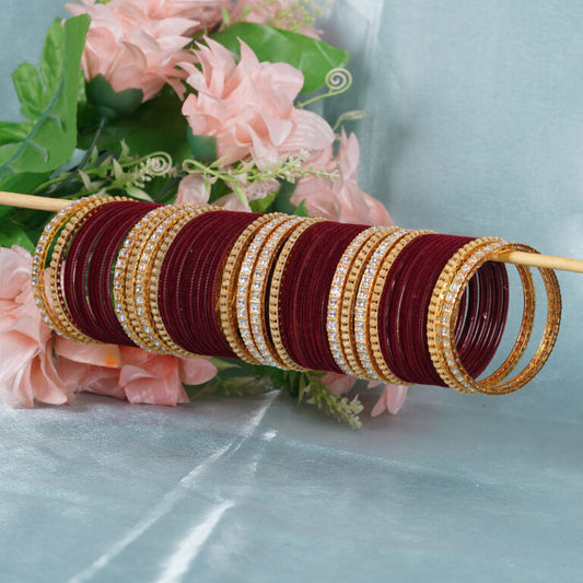 Maroon Velvet Finish Crystal Gold Bridal Bangle Set