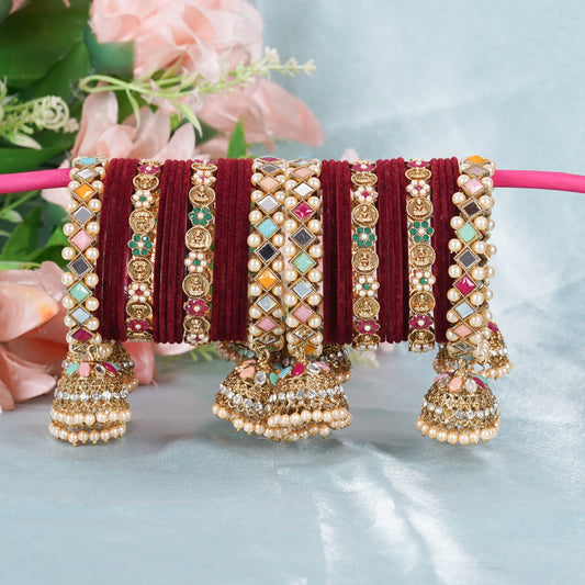 Maroon Velvet Finish Multicolour Kundan Pearl Bridal Bangles Set with Jhumki