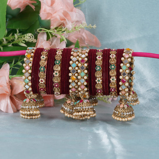 Maroon Velvet Finish Multicolour Kundan Pearl Bridal Bangles Set with Jhumki
