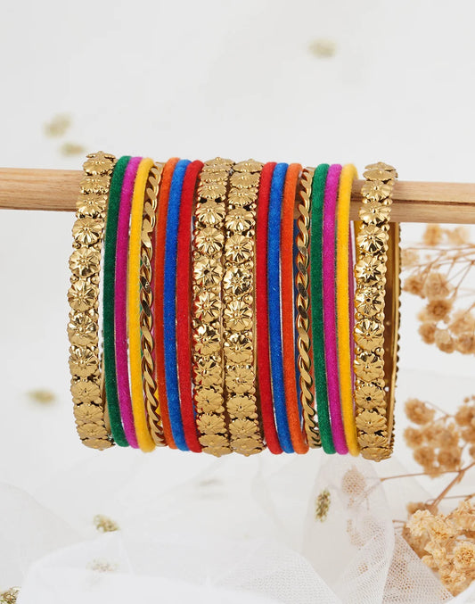 Pack Of 18 Metal And Multicolor Velvet Bangle Set