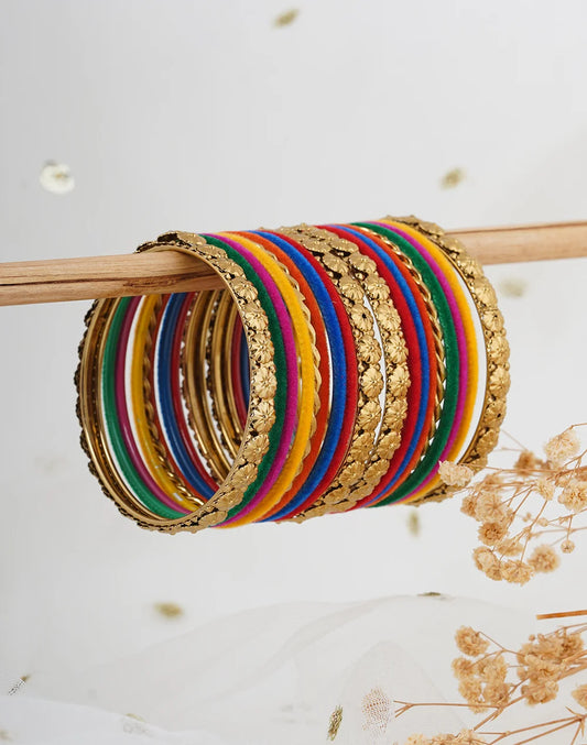 Pack Of 18 Metal And Multicolor Velvet Bangle Set