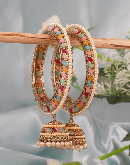 Pair of multicolour beads golden bangdi bangles