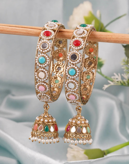 Pair Of Multi Colour Antique Gold Plated Jhumka Bangle Set