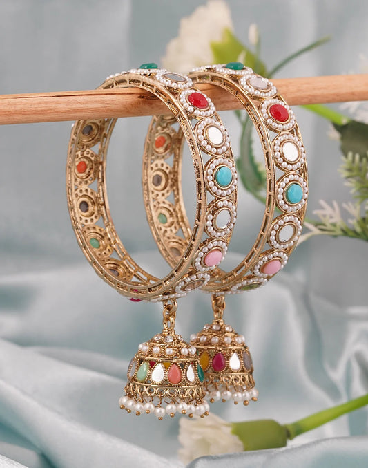Pair Of Multi Colour Antique Gold Plated Jhumka Bangle Set
