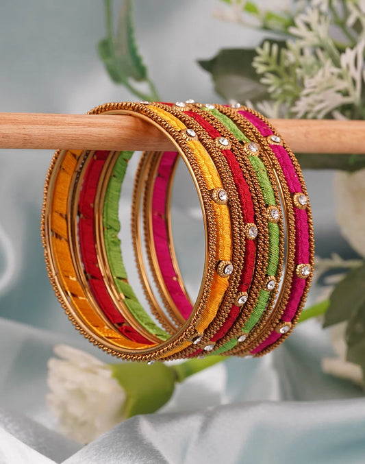 Set Of 12 Multicolour Stones Gold Plated Silk Thread Bangles