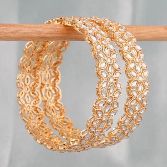 Gold Plated Floral Kundan 2pc Kada Bangle -Bellabangles