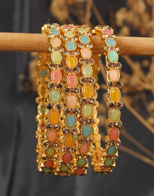 Set of 4 Gold Plated Bangles with Vibrant Stones -Bellabangles