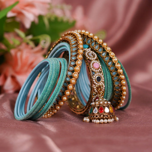 Turquoise Pearl Kundan Designer Bangle Set | Bella Bangles