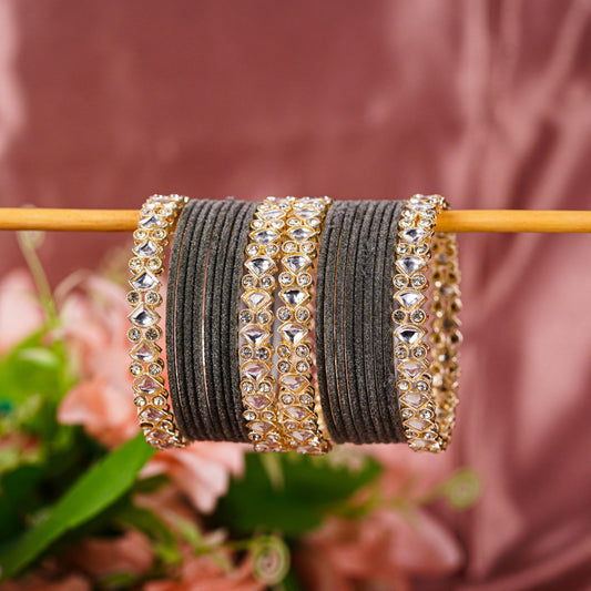 Smoky Grey Velvet Finish Kundan Diamond-Look Bangles