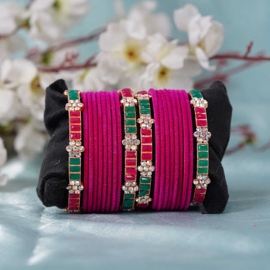 Rani Pink Velvet Finish Pearl & Green Stone Gold Bangle Set