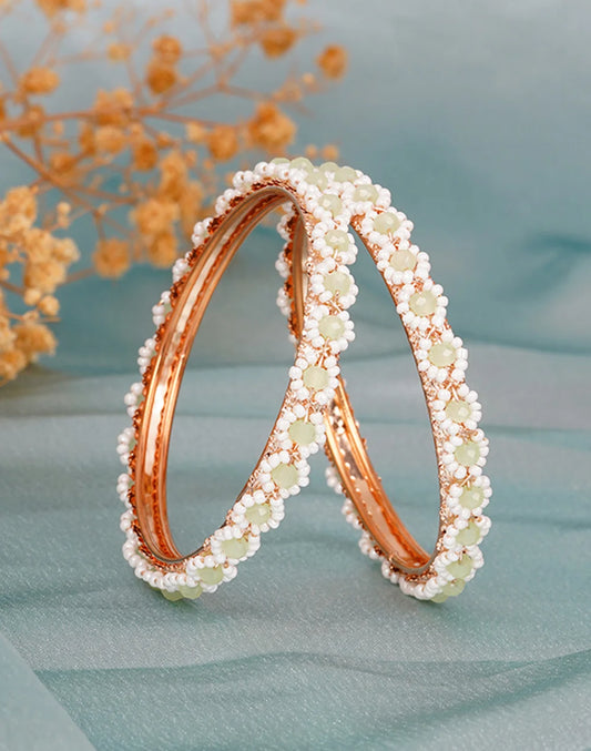 White Pearl Floral Beaded Kada Bangles – Elegant Handmade Pair