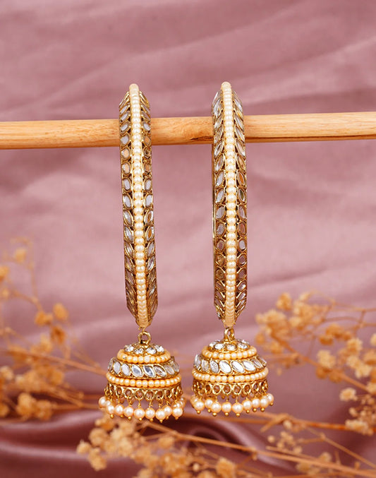 Gold Kundan Pearl Bridal Kada Bangles with Jhumka Hangings – Set of 2