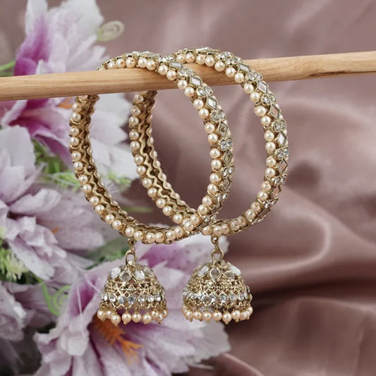 Kundan Pearl Mirror-Work Bridal Kada Bangles with Jhumka Hangings – Set of 2