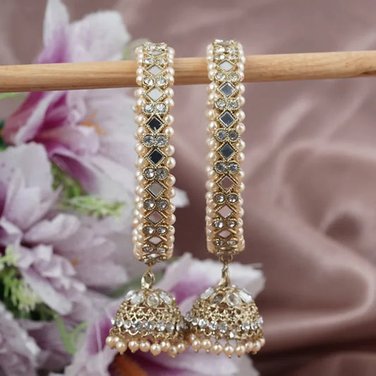 Kundan Pearl Mirror-Work Bridal Kada Bangles with Jhumka Hangings – Set of 2