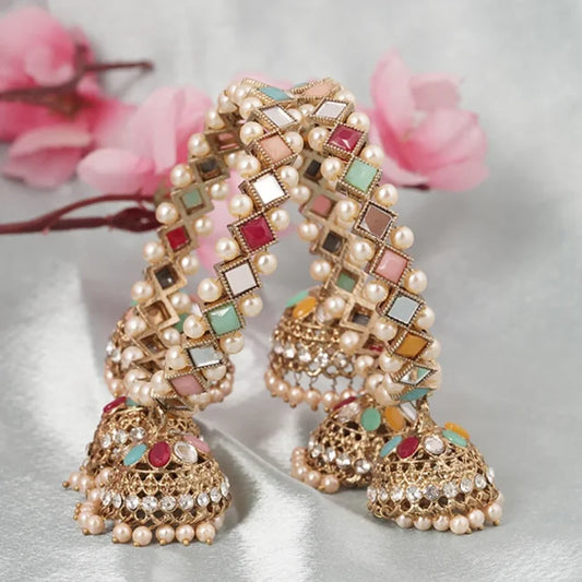 Antique golden Polki Jhumki bangles in multi color set of 4-bellabangle